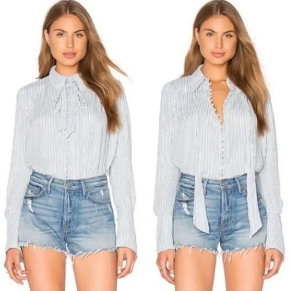 Free People The Modern Muse Striped Button Closure Tie Neck Top Boho Coastal